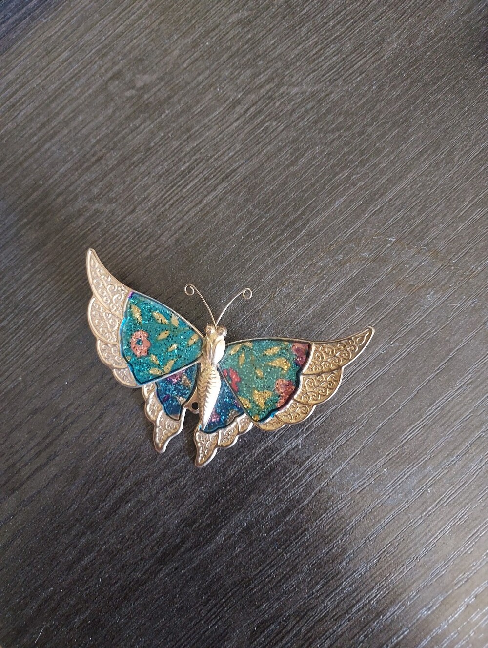 Gold-Tone Butterfly Brooch with Teal Enamel Accents